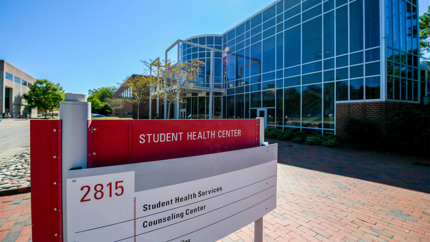 The exterior of the Student Health Center, with a sign that reads Student Health Center