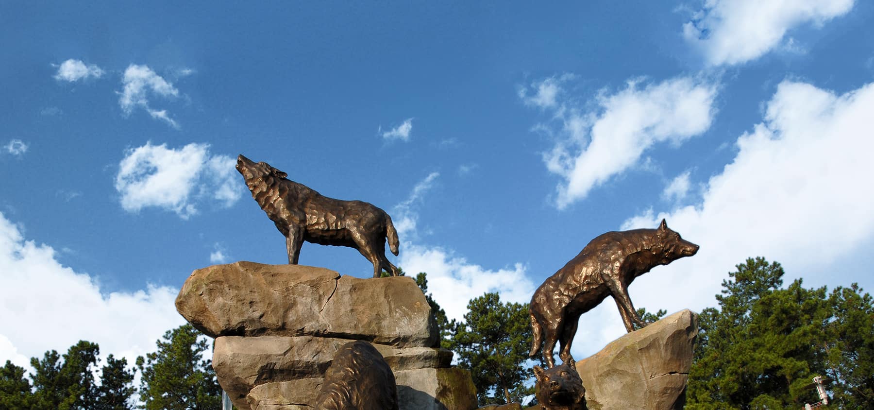 Wolf statues with blue sky in the background