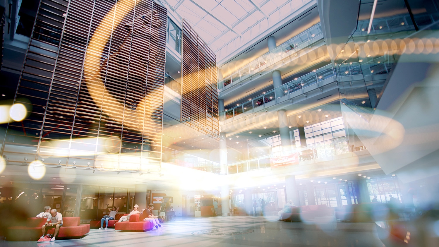 A stylized image of lights inside NC State's Talley Student Union.