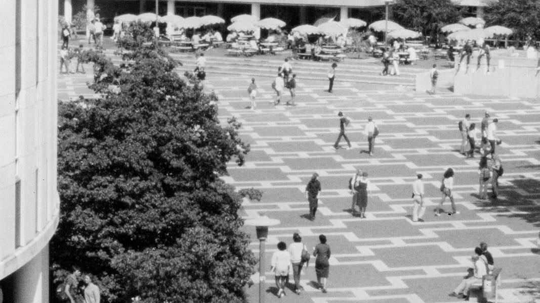 A black-and-white view of the Brickyard near Harrelson Hall in the 1980s