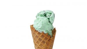 Chocolate Chip Mint ice cream on a waffle cone