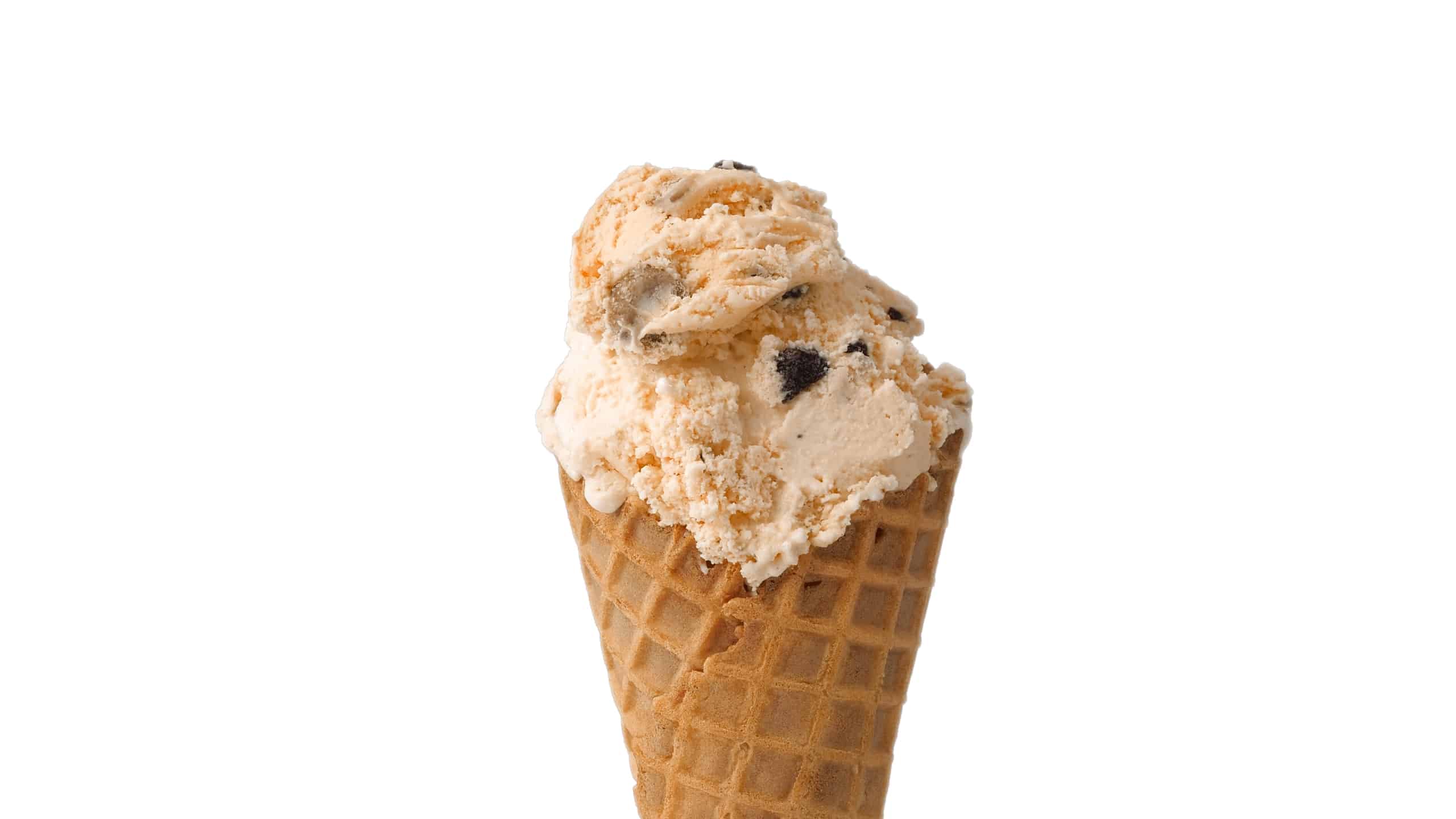 Cookie dough ice cream on a waffle cone