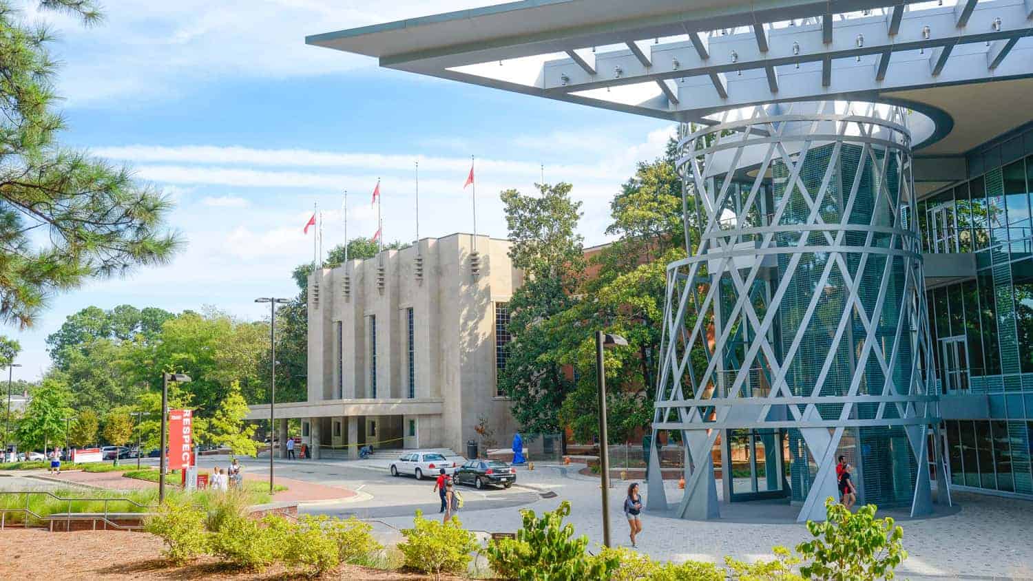 An exterior view of Talley Student Union and Reynolds Coliseum.