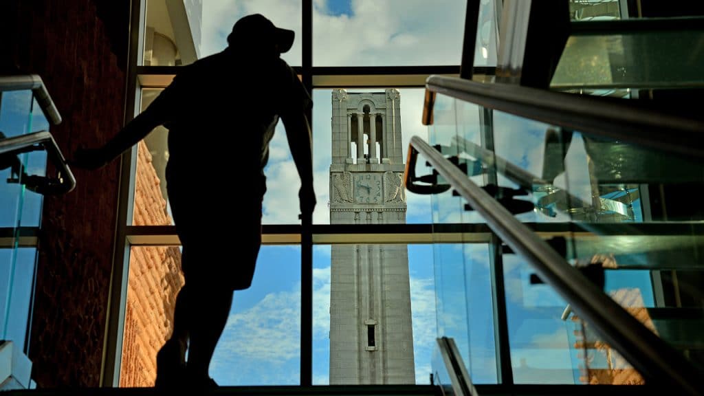 Belltower through a window