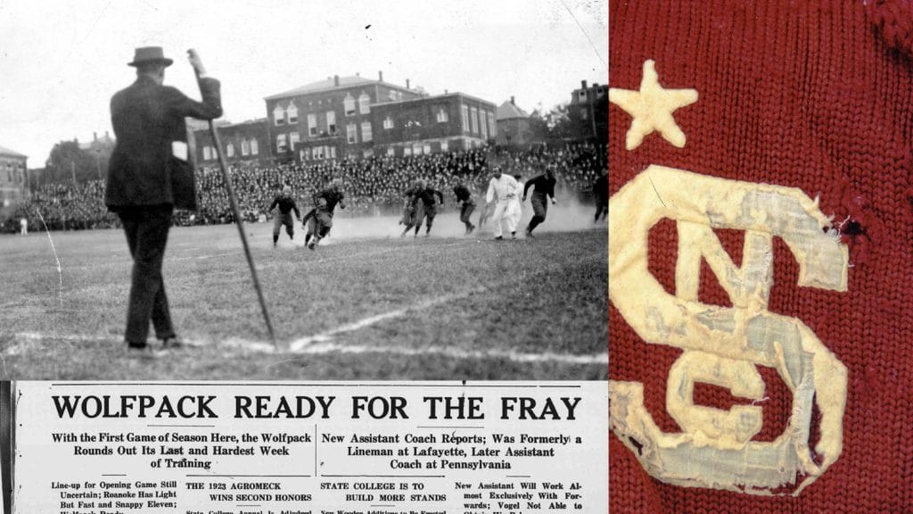NC State Wolfpack football runs a play in Riddick Stadium. A Technician headline reads "Wolfpack Ready for the Fray." On the right, there is a soft, worn sweater with the NC State Block S and an embroidered star.