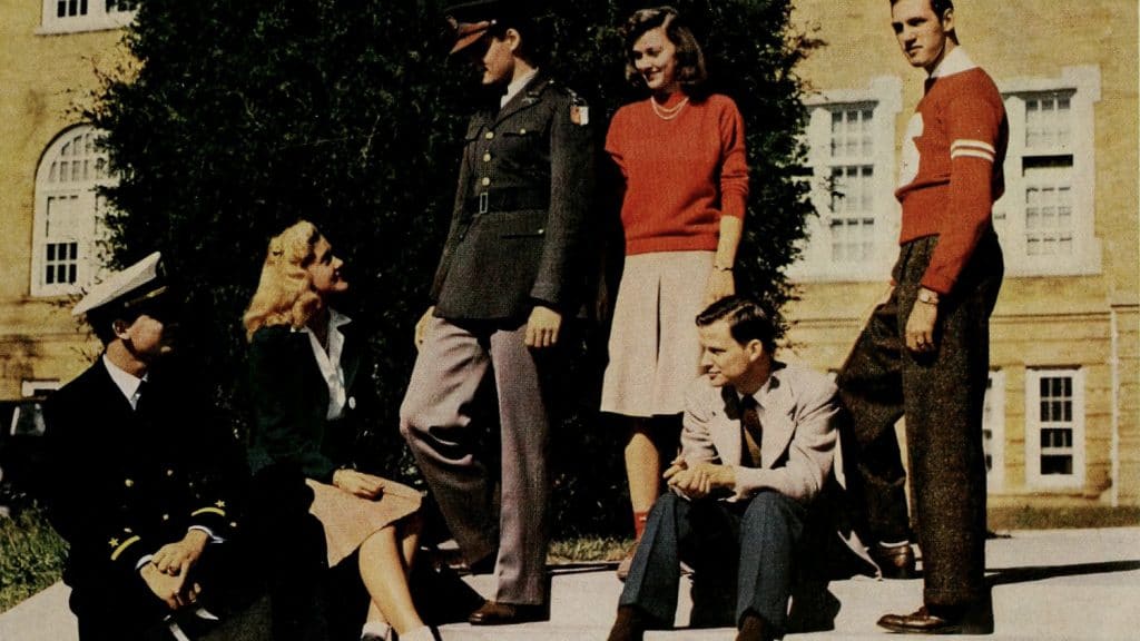 NC State students posing for a group shot on campus during the 1940s.
