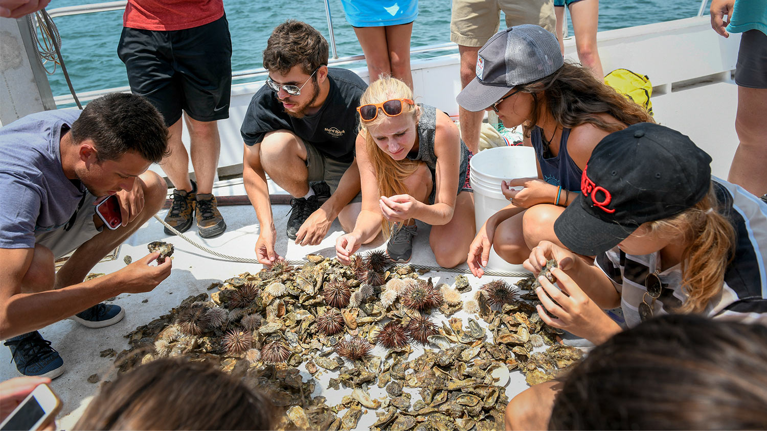 Undergraduate students work on a university boat in the ocean/sound near CMAST.