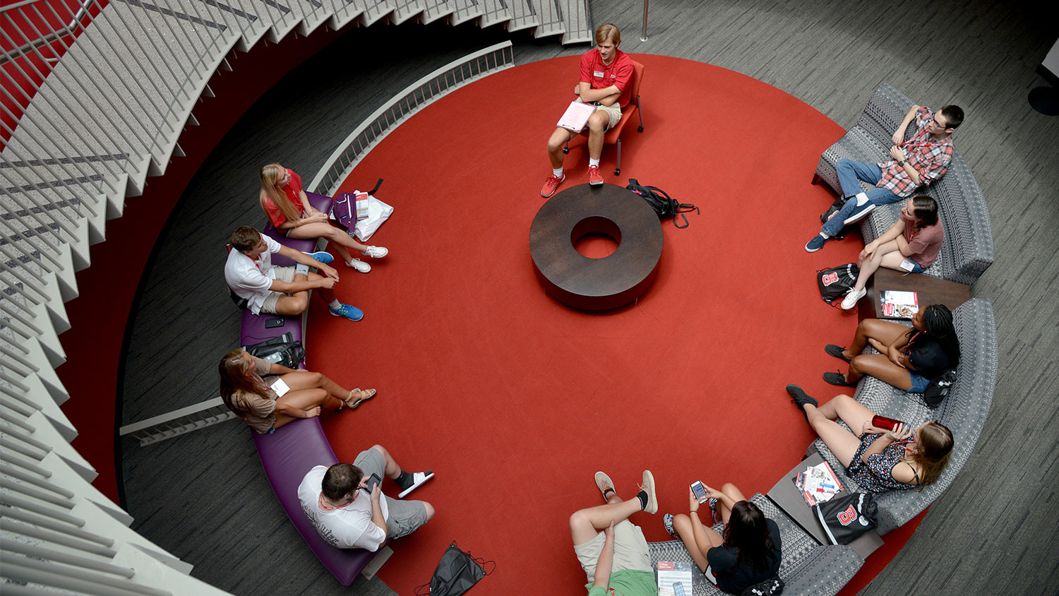 New students and counselors chat in Talley Student Union during orientation.