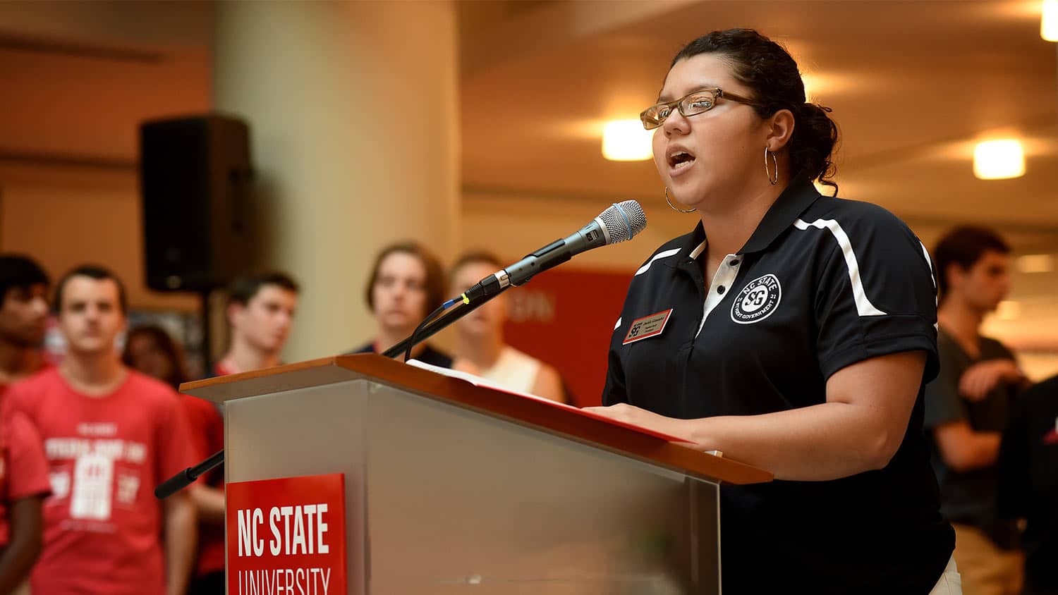 Student Body President Jackie Gonzalez speaks during "Respect The Pack" in Talley Student Union.