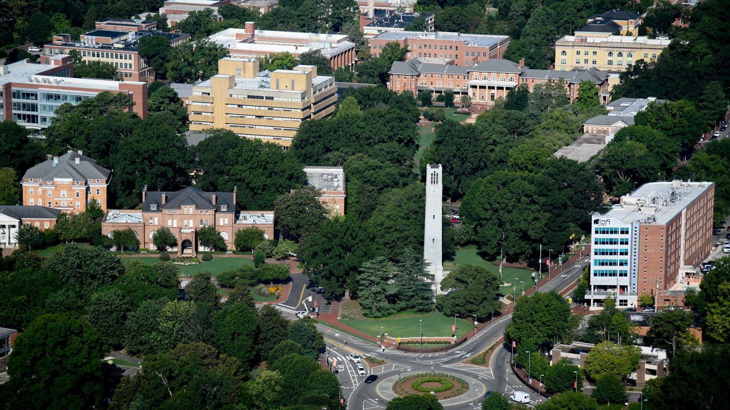 The NC State Belltower looking west down Hillsborough Street.