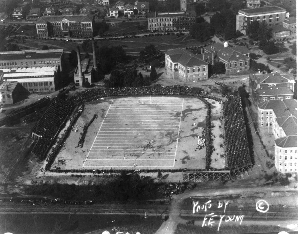 Aerial shot of NC State vs UNC-CH football game played at Riddick Stadium, ca. 1925.