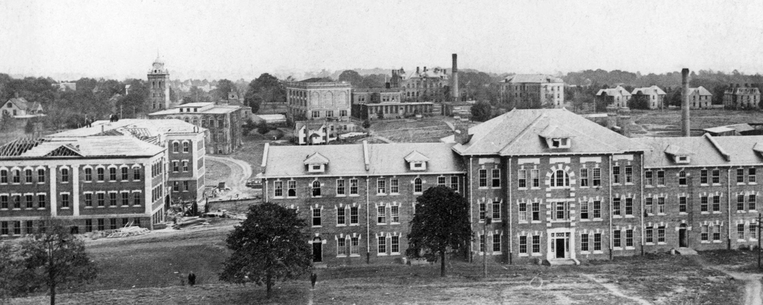 A black and white aerial photo of campus from the early 1900s.