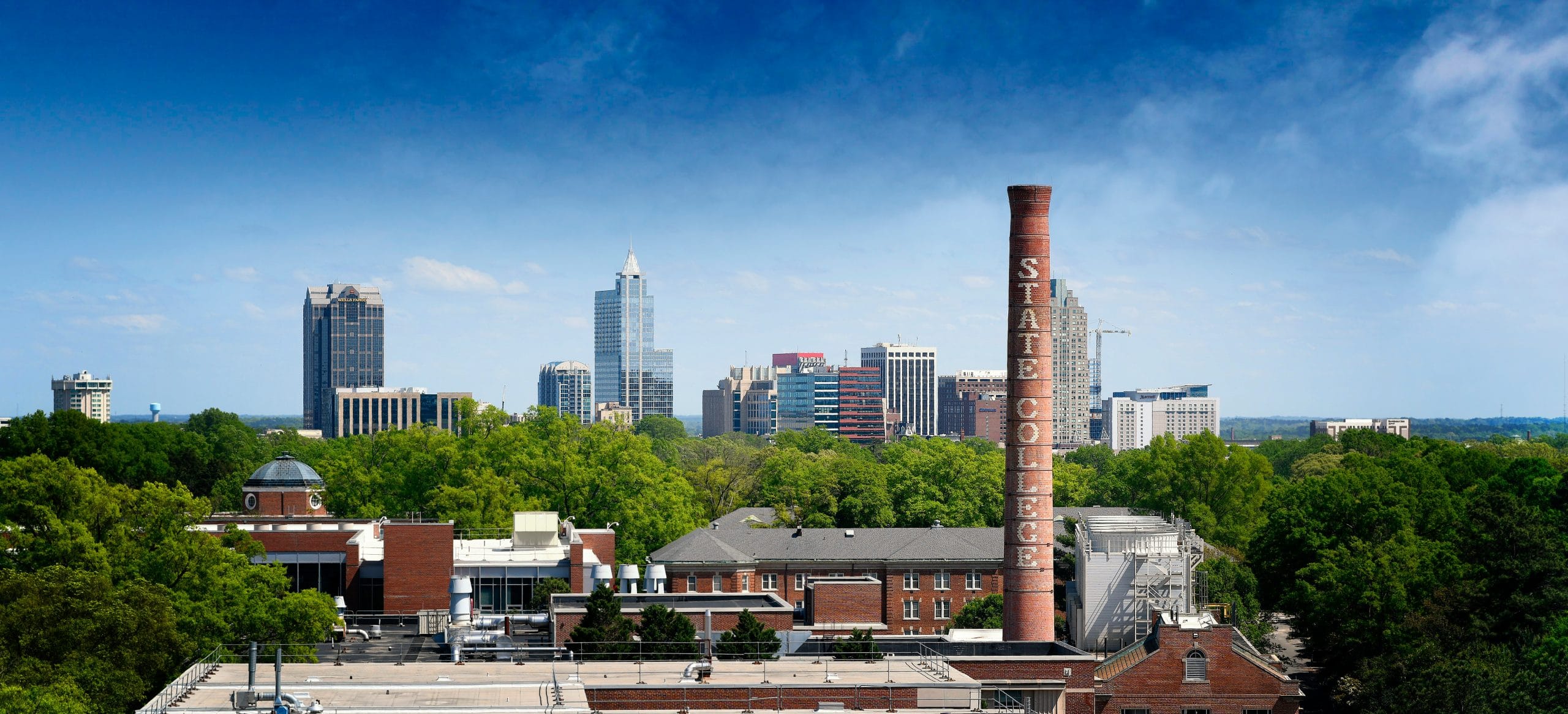 Downtown Raleigh skyline, framed by the State College smoke stack.