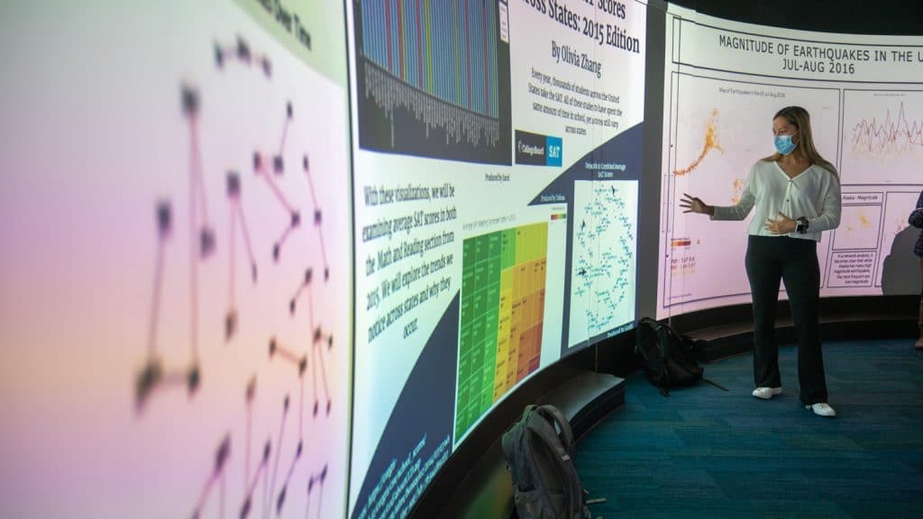 Students present their finding at a Data Sciences Academy event at the visualization studio at DH Hill Jr Library on main campus.