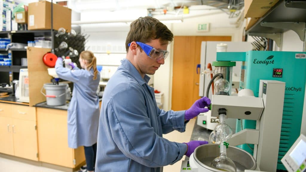 Students work in a chemistry lab on main campus. 