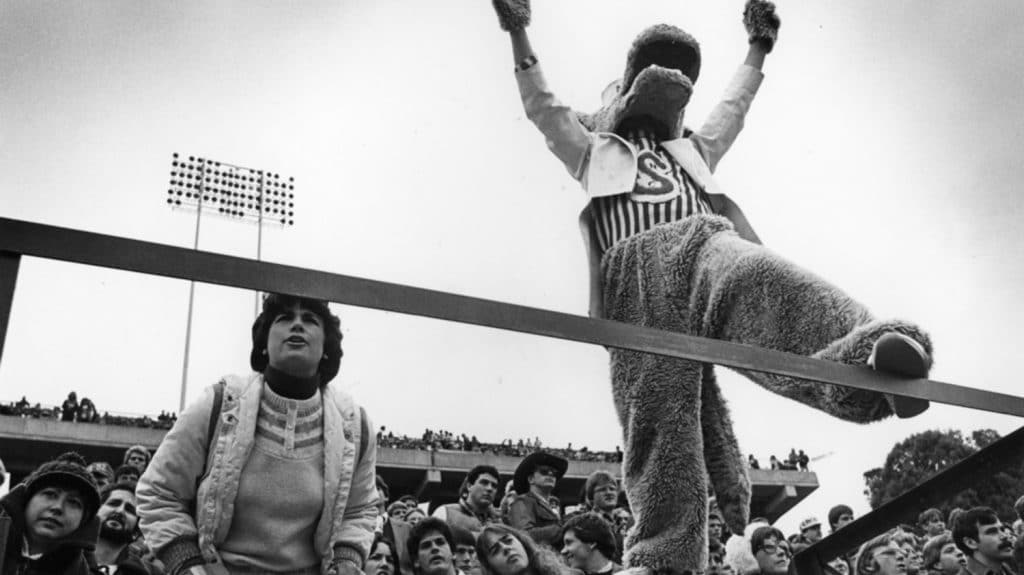 Mr. Wuf in the stands with fans, circa 1980 to 1989
