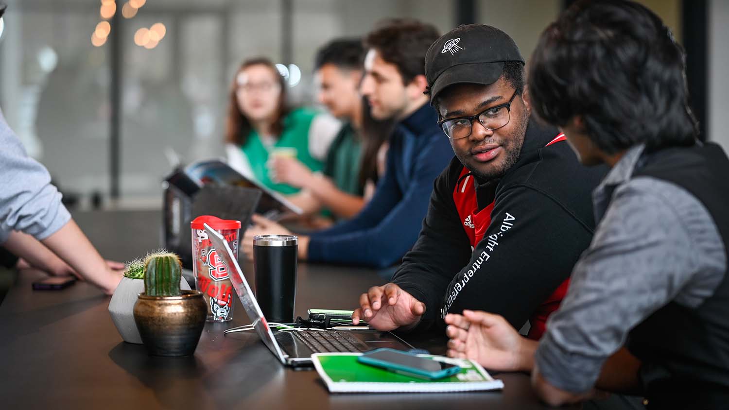 Students talk in the Entrepreneurship Garage on Centennial Campus.