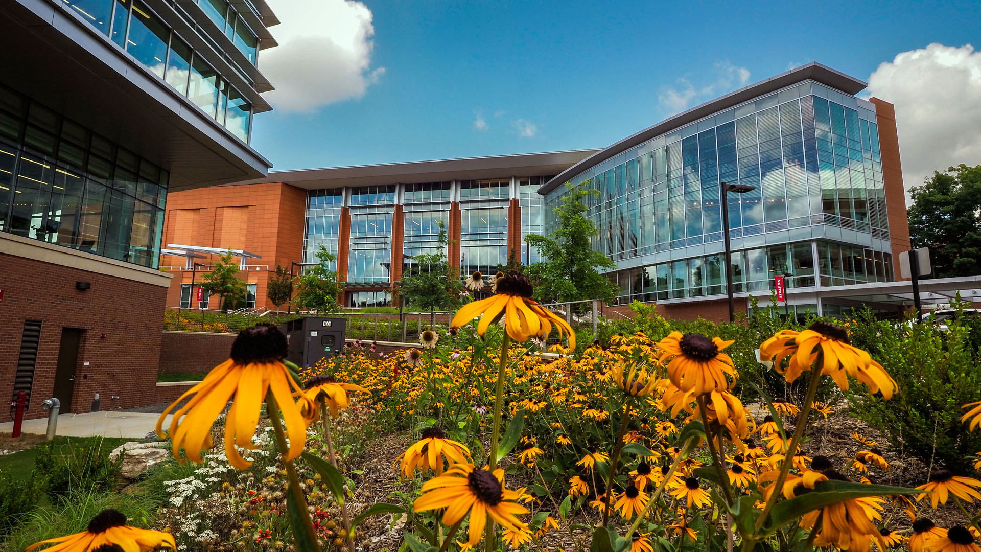 NC State's Talley Student Union is framed by summer flowers.