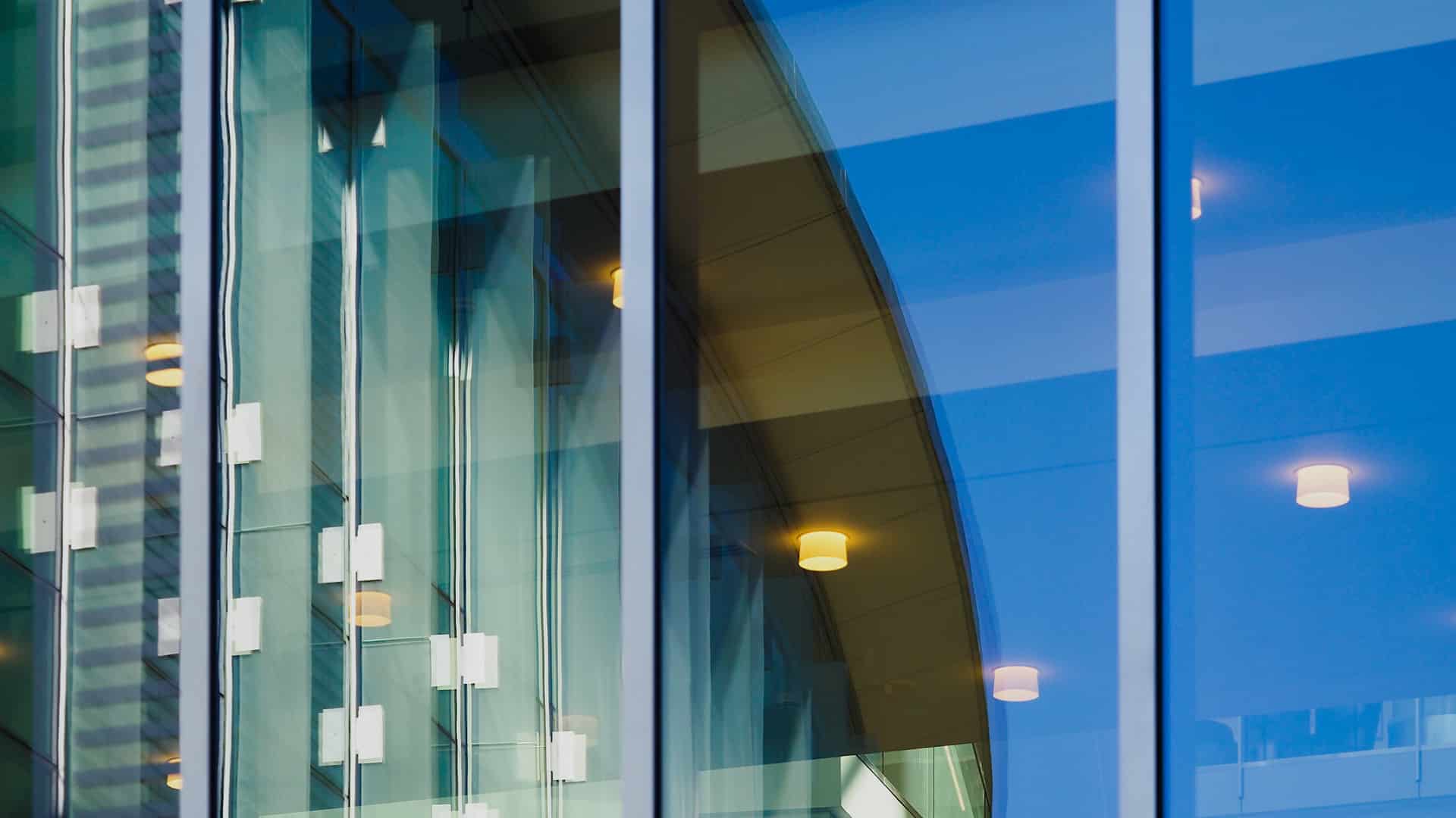 A reflection of Talley Student Union's exterior in a mirror.