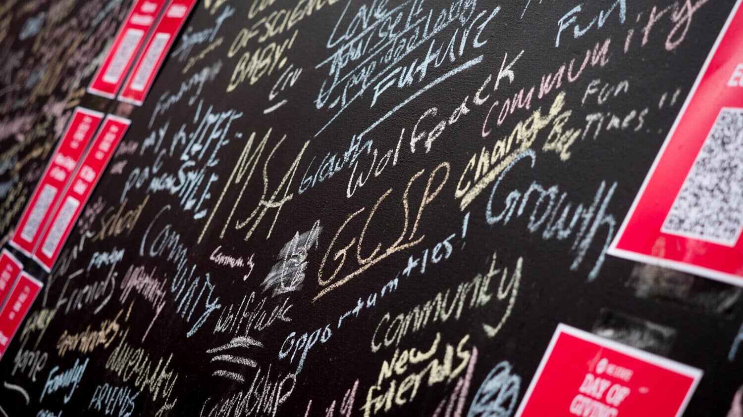 Students shared what NC State means to them on a chalkboard display at the Day of Giving 2023 student event.