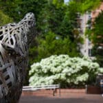 One of the copper wolves at Wolf Plaza looks out over students passing by during springtime.