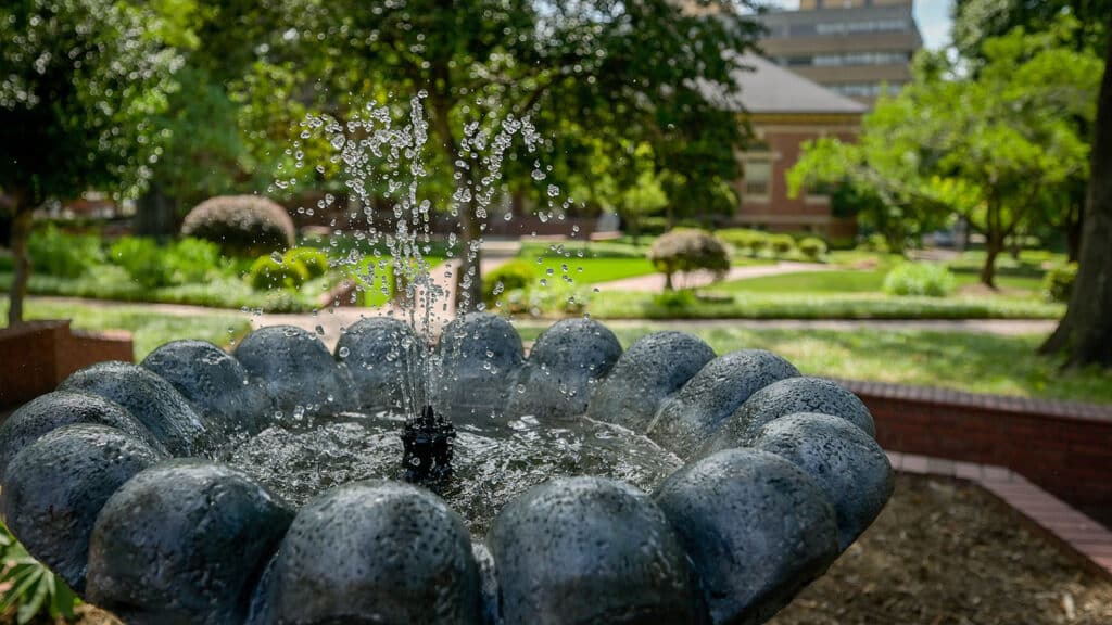 Water bubbles from a fountain in Mary Yarbrough Court.