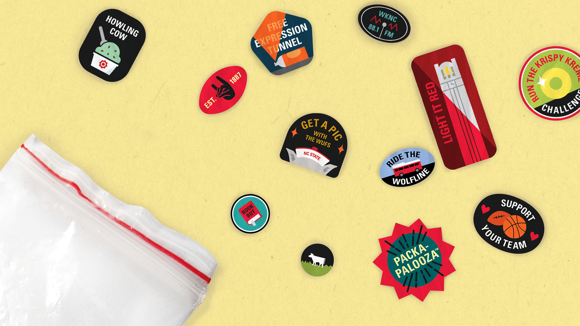 A plastic bag with stickers spilling out, each one representing a different bucket list item on NC State's official bucket list.