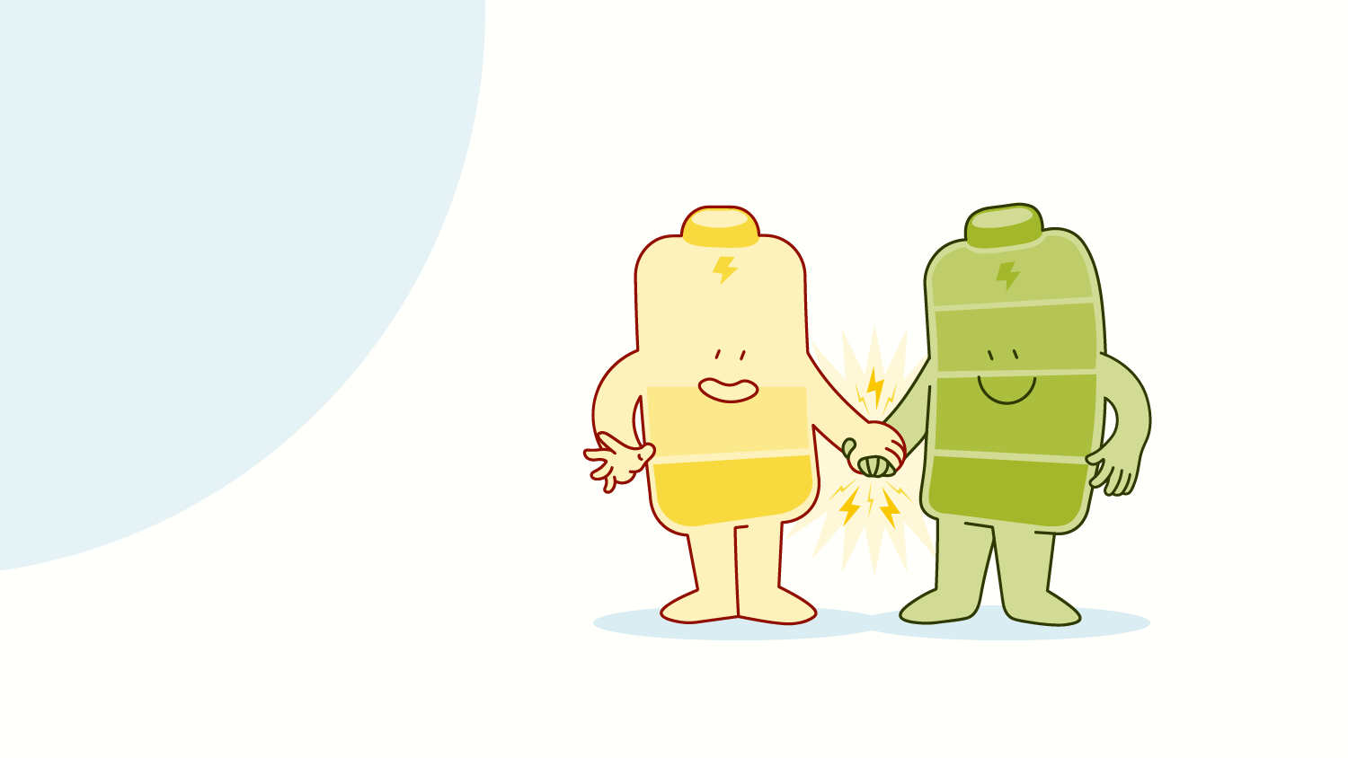 An illustration shows two battery-shaped characters holding hands, while one charges the other.