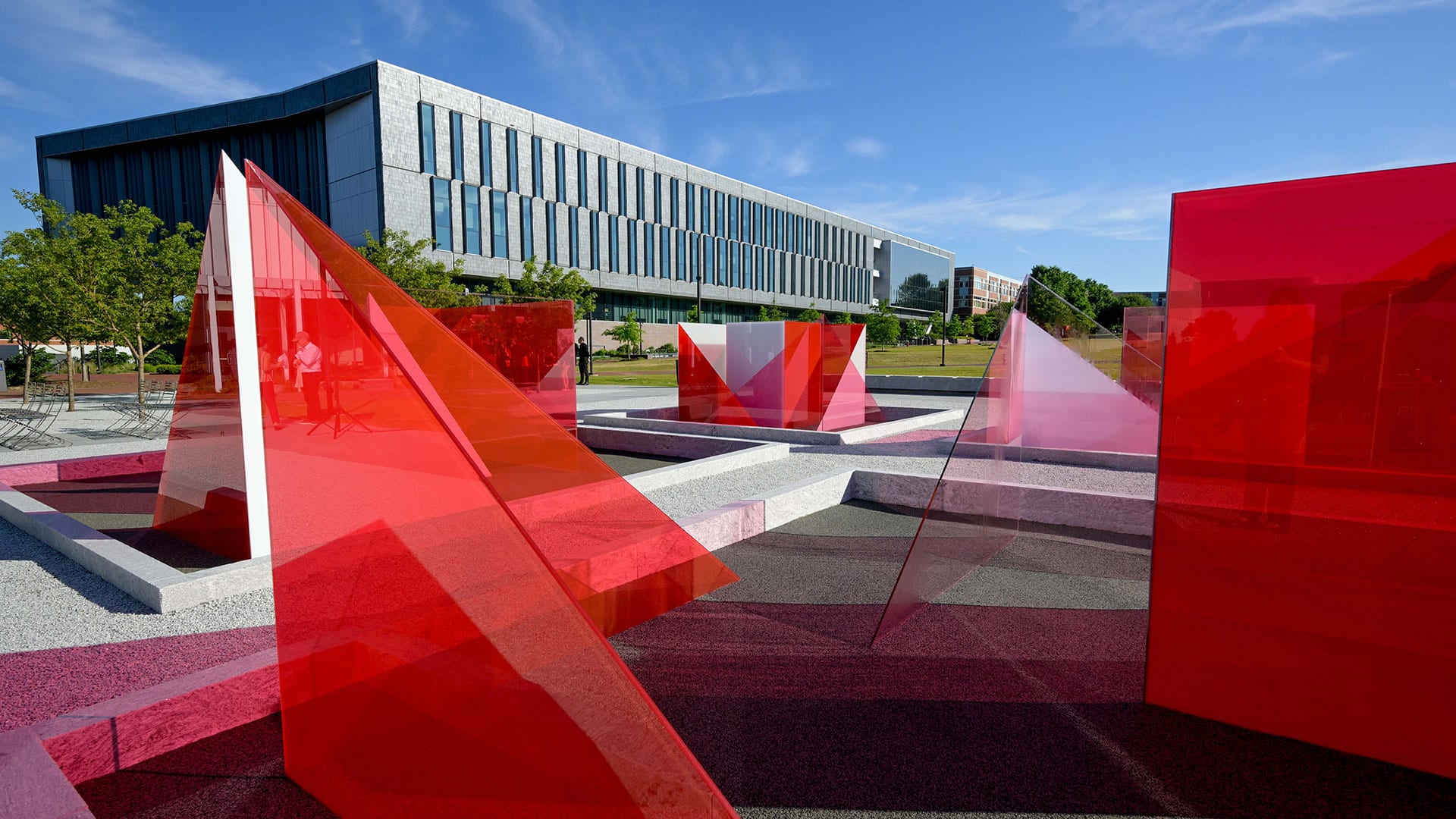 A view of the Reds and Whites installation by artist Larry Bell at the newly dedicated Susan Woodson Plaza, just outside the James B. Hunt Jr. Library on Centennial Campus.