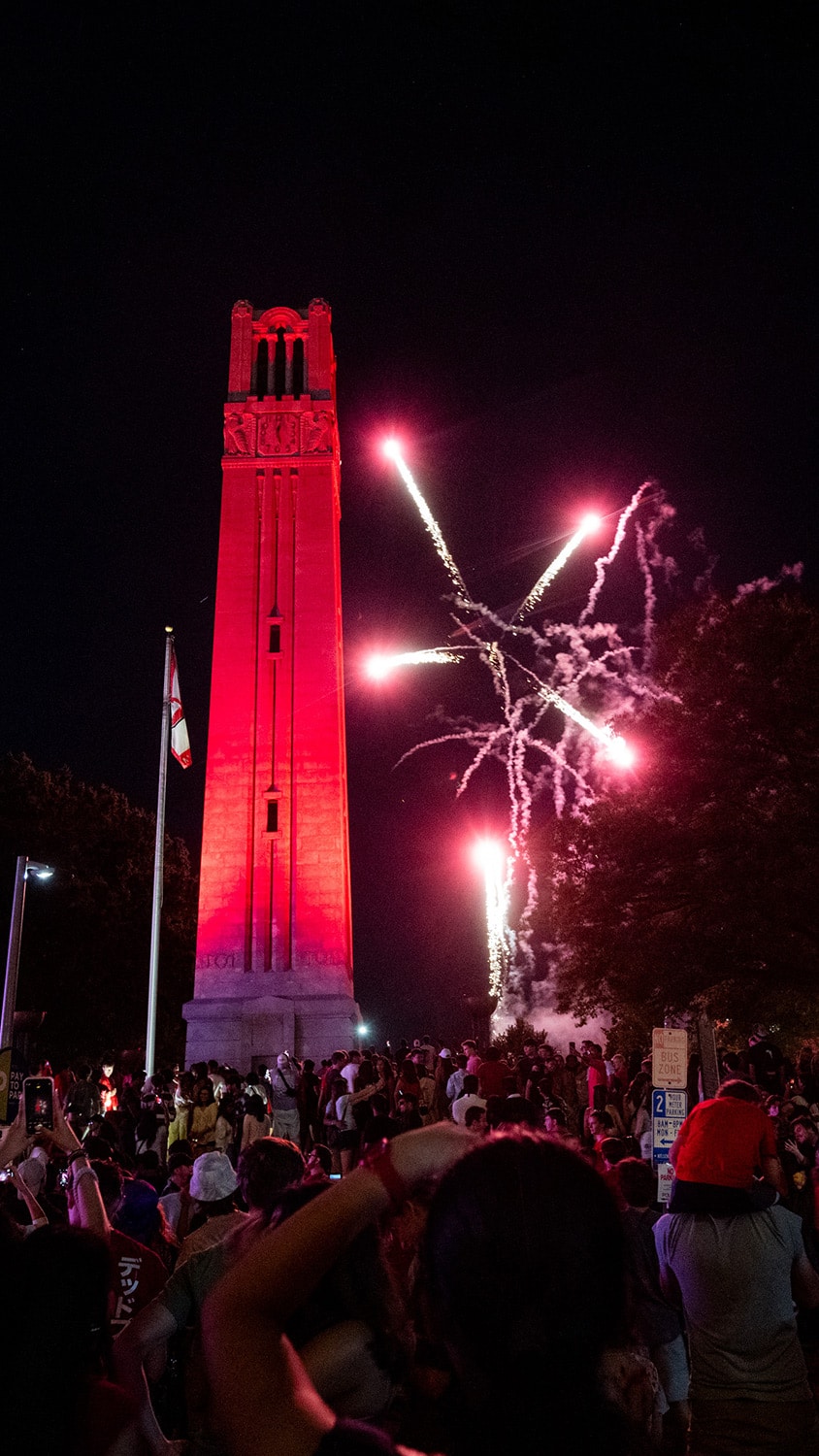 Fireworks explore over the Memorial Belltower as a grand finale to Packapalooza.