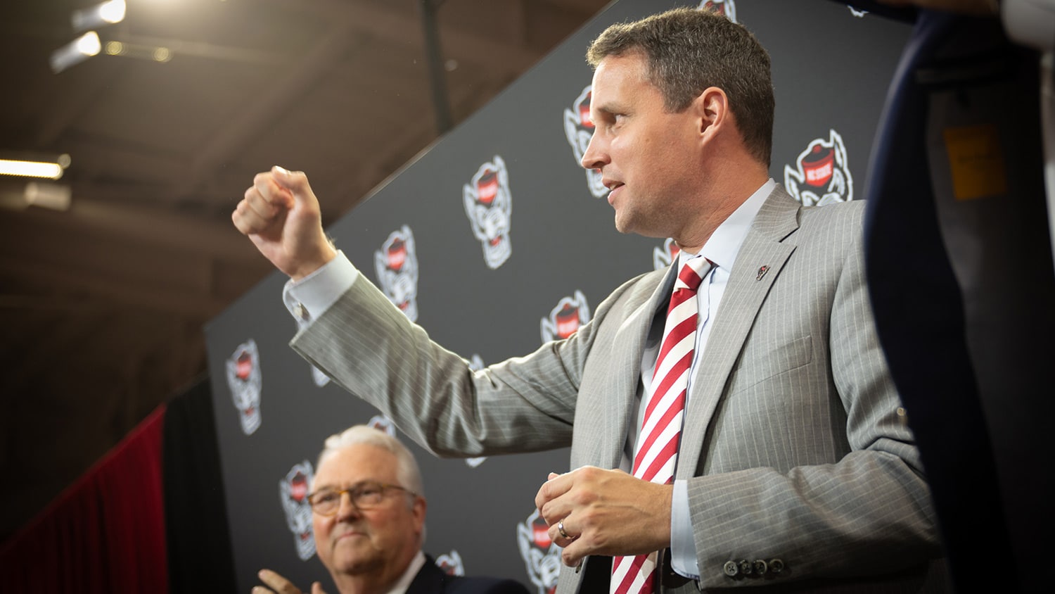 NC State's new men's basketball coach, Will Wade, speaks to press at his welcome ceremony.