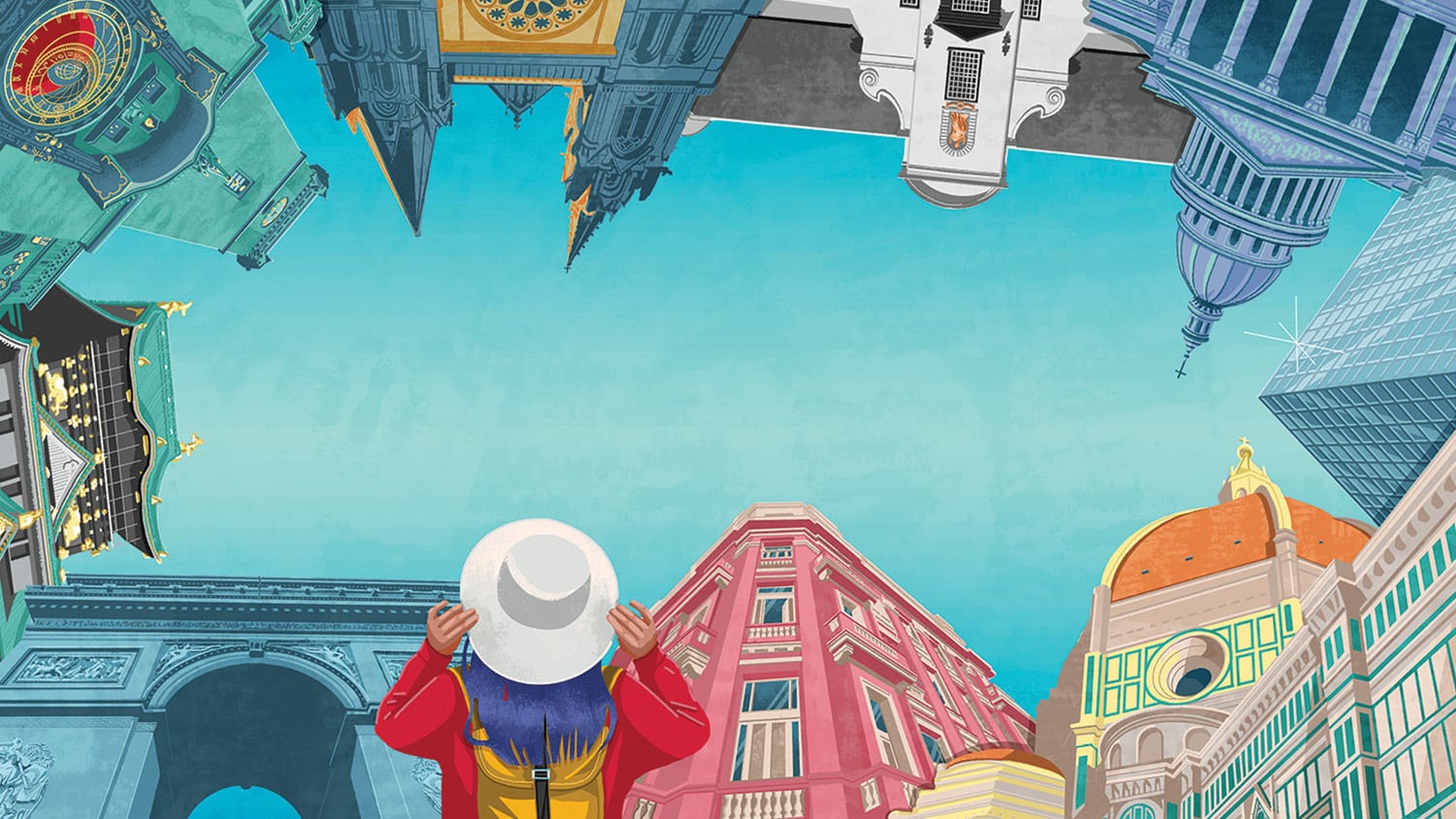 An illustration of a traveler with blue hair admiring iconic buildings from around the world.