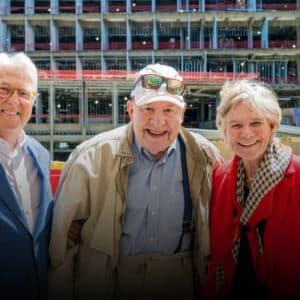Chancellor Randy Woodson, Thomas S. "Tom" Kenan III and Nancy Cable at the site of Woodson Hall.