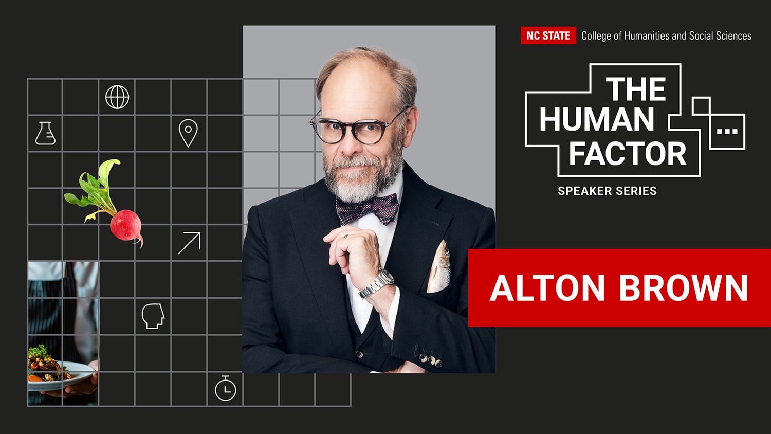 A graphic announcing the first speaker in the Human Factor speaker series, Alton Brown.