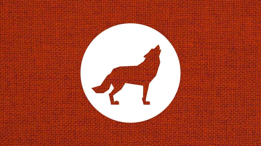 The circle wolf graphic element against a textured background.